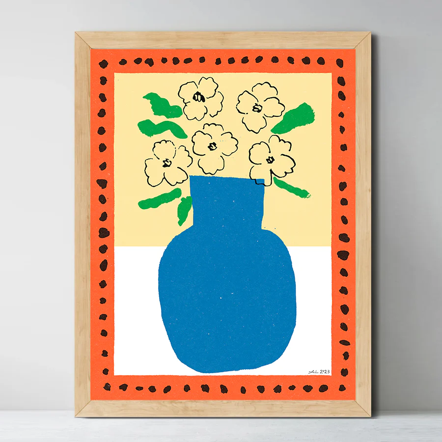 Affiche 'Pivoines et vase bleu'