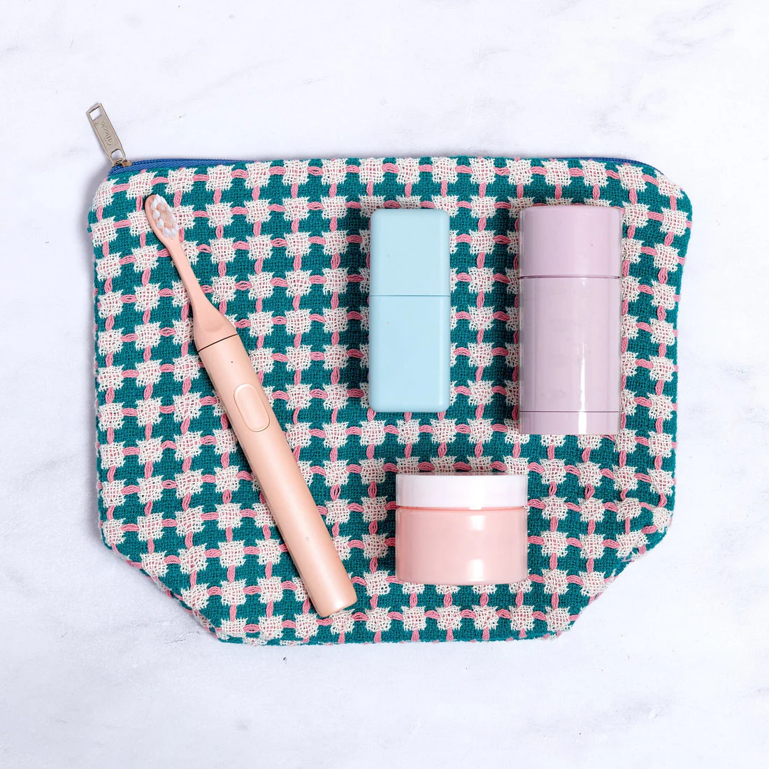 Trousse de toilette en coton recyclé vert et rose - Image 3